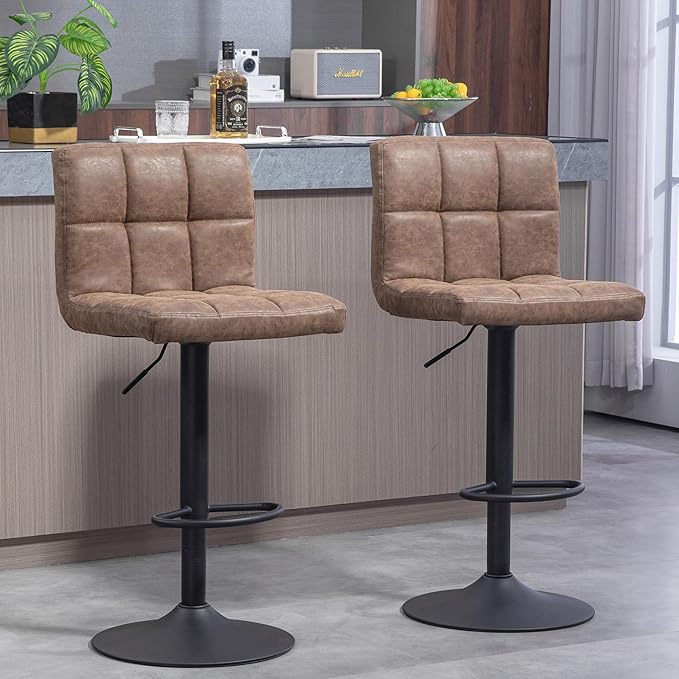 Finnhomy Bar Stools Set of 2 Counter Height, Swivel Barstools with Footrest and L Shape Thicken Cushion Back, Height Adjustable Modern Bar Chairs, Vintage Leather, Retro Brown
