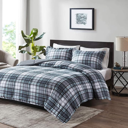 Madison Park Essentials Parkston Plaid Comforter, Matching Sham, 3M Scotchguard Stain Release Cover, Hypoallergenic All Season Bedding-Set, King/California King, Grey, 3 Piece