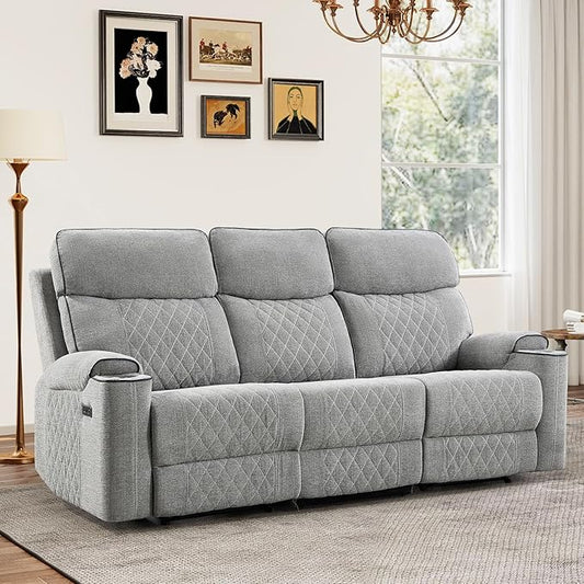 HAOMARKETS Power Oversized Reclining Sofa Couch with Cup Holders, Breathable Fabric 3-Seater Electric Recliner Couches with USB and Type-C Charging Ports for Living Room, Light Grey