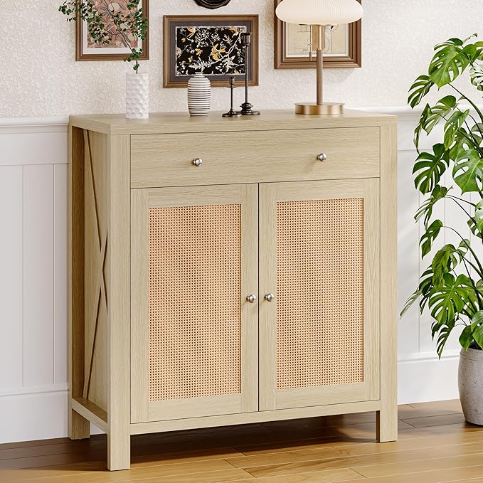 31" Sideboard Buffet Cabinet, Farmhouse Kitchen Buffet Cabinet with Storage and Drawers, Cabinets with Doors and Adjustable Shelves, Rattan Sideboard Storage Cabinets for Kitchen, Living Room
