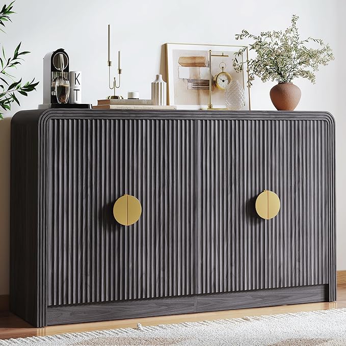 55" Buffet Sideboard Cabinet, Mid Century Modern Console Cabinet with Wavy Grain Doors & Adjustable Shelves for Kitchen Cabinets, Living Room, Entryway, Coffee Bar Cabinet (Black Walnut)