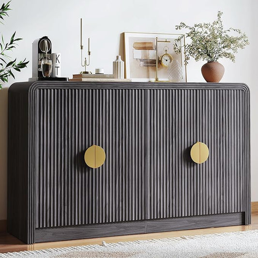 55" Buffet Sideboard Cabinet, Mid Century Modern Console Cabinet with Wavy Grain Doors & Adjustable Shelves for Kitchen Cabinets, Living Room, Entryway, Coffee Bar Cabinet (Black Walnut)