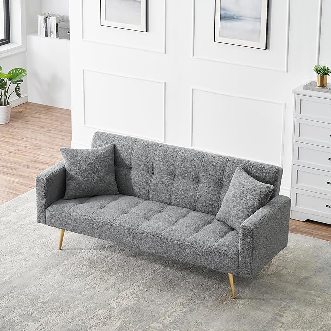Eafurn Tufted Futon Sofa Bed, Teddy Futon Loveseat Couch Adjustable Recliner Sleeper Sofa Bed with Golden Metal Legs and 2 Pillows for Living Room, Apartment, Office,Small Love Seat | Golden Legs, Wood Frame