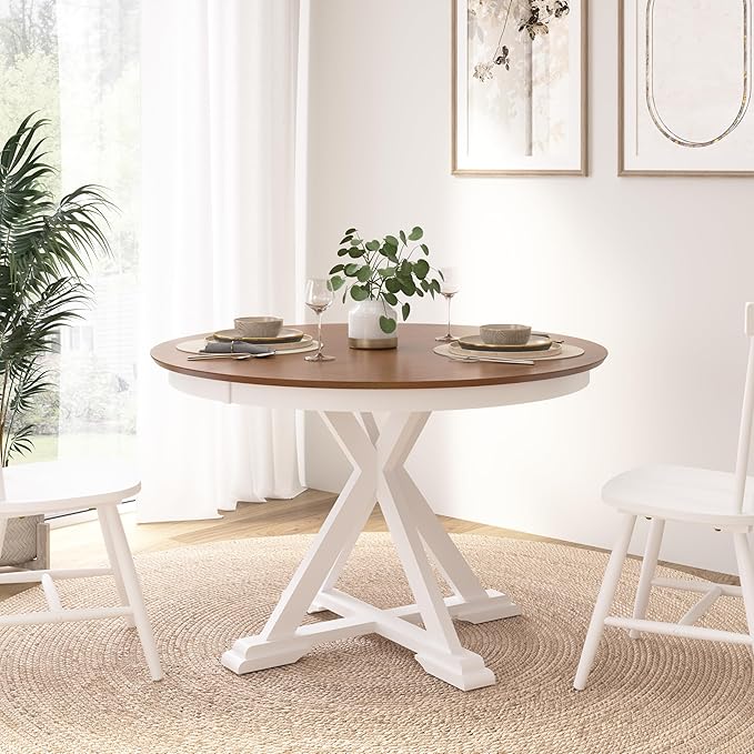 Bush Home Round Dining Table, 45 inch Trestle Design, Modern Transitional, West End Collection, Dark Brown and White