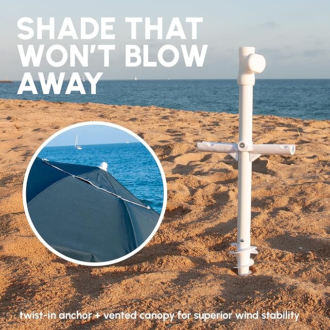 SUN'Y ESCAPES Beach Umbrella - UPF 50+ Recycled Ocean Bound Fabric Canopy, Wind Resistant with Sand Anchor & Tilt - Portable with Carry Bag
