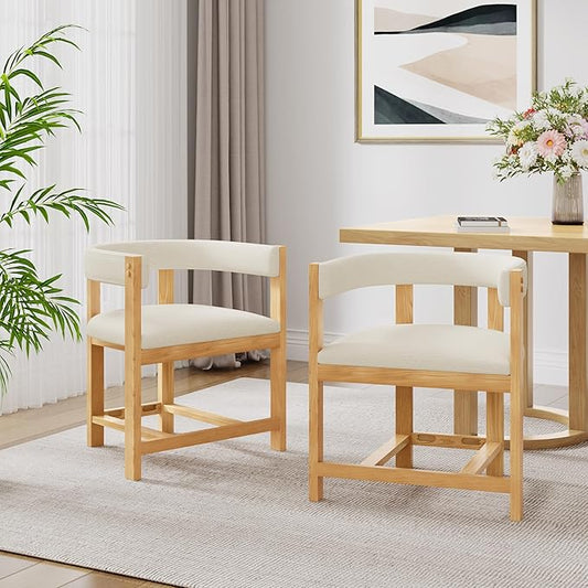 Christopher Knight Home Set of 2 Arley Modern Fabric Upholstered Dining Armchair, Sturdy Wooden Kitchen Side Chair with Ergonomic Backrest and Footrest, Soft Padded Barrel Accent Chair, Beige+Natural