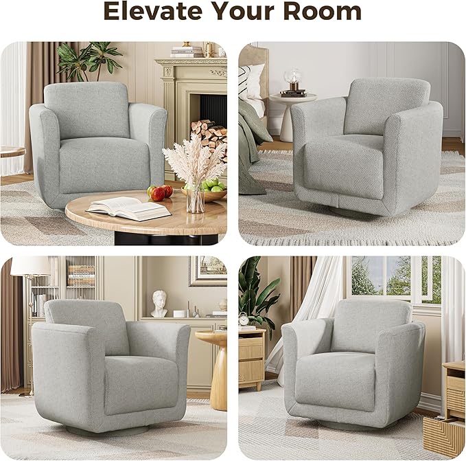 Swivel Accent Chair, 360° Upholstered Swivel Chair, 350 lbs Capacity, Kiln Dried Solid Wood Frame Lumbar Cushion,FSC Certified Upholstered Chair for Living Room Bedroom，Gray