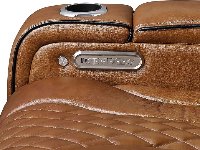 Lexicon Power Double Reclining Sofa, Center Drop-Down Table with Heat/Massage/Headrest/Storage Arms/Cup Holders/LED Lights/Wireless Charging, Top Grain Leather Match Wall Hugger Recliner Sofa, Brown