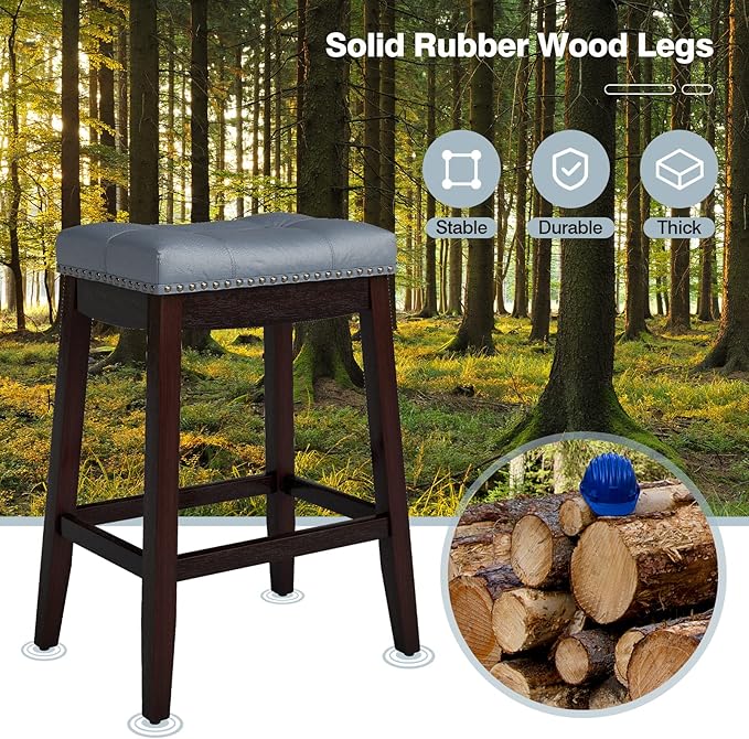 COSTWAY Bar Stools Set of 2, 24-Inch Height Backless Counter Stool with Footrest, Soft Seat Cushion, Wood Legs and Non-Slip Foot Pad, Saddle Stools for Home Kitchen Living Room, Stone Gray+Dark Brown