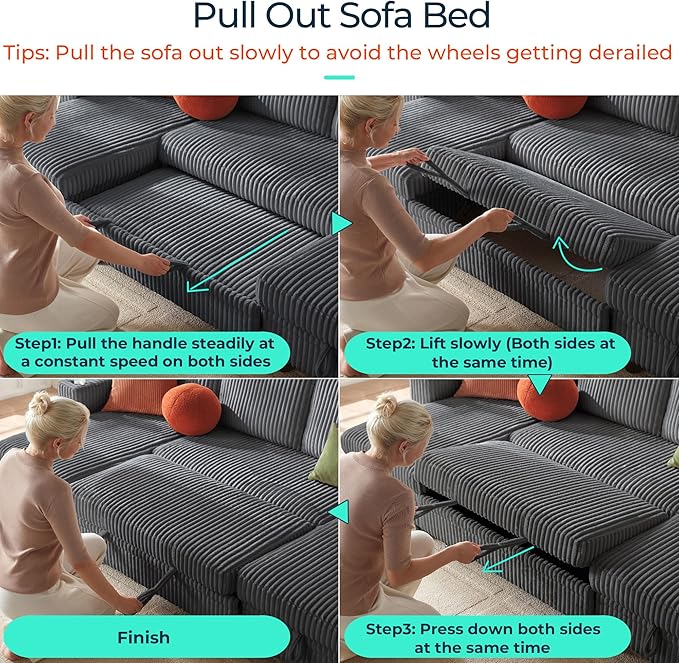 LINSY HOME Sectional Sleeper Sofa with Pull Out Couch Bed - Convertible Plush Corduroy Cloud Couch with Storage Chaise & USB Charging, Comfy Modular Couches for Living Room, Grey