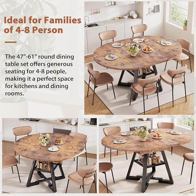 Round Dining Table Kitchen Dining Room Dinner Table for 4-6, Space Saving Extendable Oval Circle Furniture with Pedestal Base and Storage Shelf for Kitchen Living Room (Vintage, for 6-8)