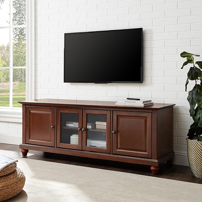 Crosley Furniture Cambridge Low Profile TV Stand for 65+ inch TVs, Entertainment Center with Storage Shelves, Vintage Mahogany