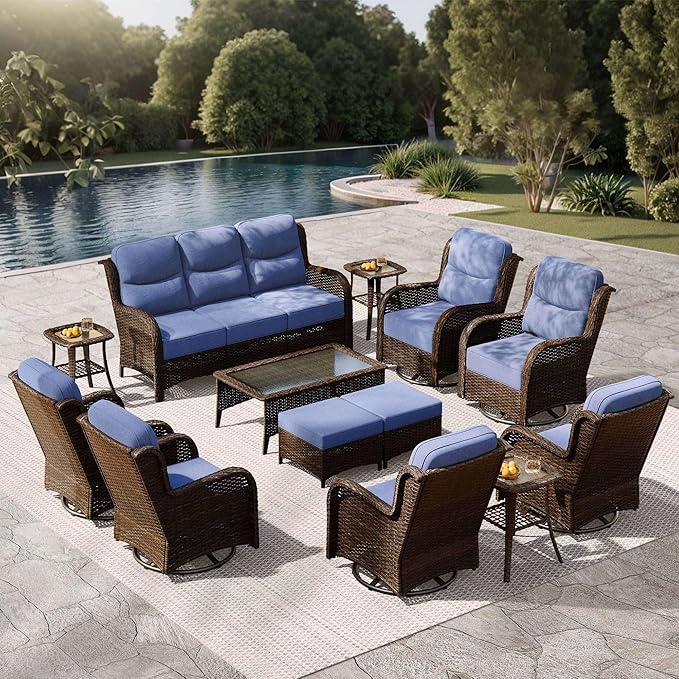 High Back Outdoor Furniture with Extra Thick Cushion Patio Swivel Rocking Chairs, Comfort 3-Seat Sofa, 13PCS Oversized Wicker Conversation Set for Porch, Deck, Yard in Blue