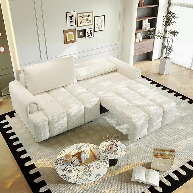KEIKI 90.2" 4-Seater Modern Convertible Sofa Bed – Teddy Fabric Couch with Storage Seats, King Size 3-in-1 Sleeper Sofa for Living Room, Recliner Couch, Comfortable Sofa Bed for Families & Guests