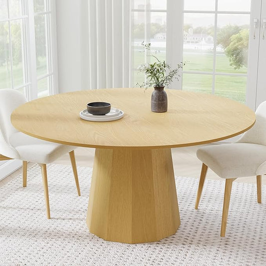 Casaphoria 60" Round Dining Table, Modern Wood Kitchen Table with Cone Shaped Strip Polygonal Base for Living Room & Dining Room, Easy Assembly Farmhouse Furniture for 4-6, Oak