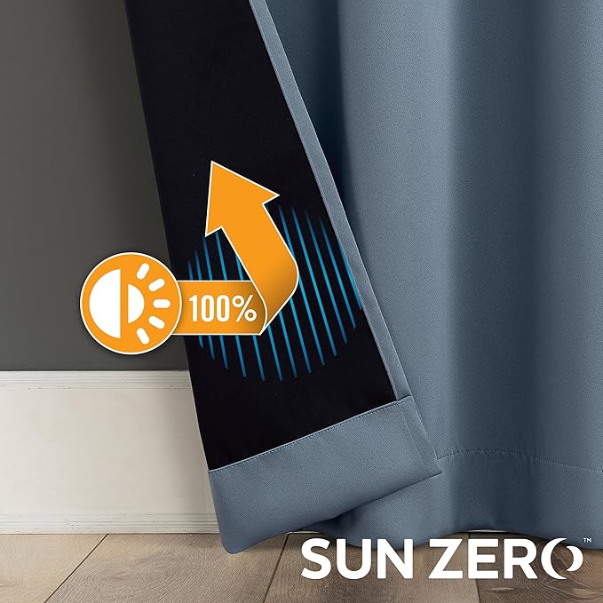 Sun Zero Nordic 2-Pack Theater Grade Noise Reducing Extreme 100% Blackout Grommet Curtain Panel Pair, 52" x 63", Denim Blue