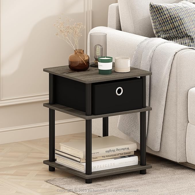 Furinno Turn-N-Tube Side Table, 3-Tier Square Modern End Table with Storage Bin, Open Shelf Night Stand, Bedside Table, Easy Assembly, Grey Oak/Black/Black