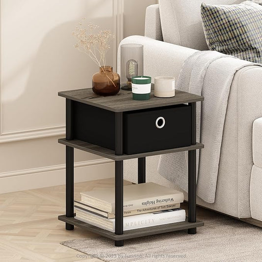 Furinno Turn-N-Tube Side Table, 3-Tier Square Modern End Table with Storage Bin, Open Shelf Night Stand, Bedside Table, Easy Assembly, Grey Oak/Black/Black