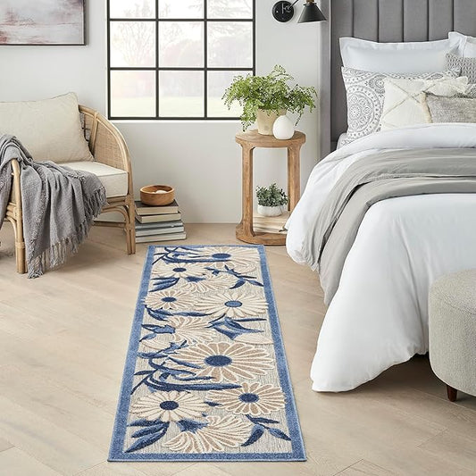 Nourison Home Aloha Blue Grey 2'3" x 12' Area Rug - Easy Clean, Non Shedding, Bed Room, Living Room, Dining Room, Kitchen (12' Runner)
