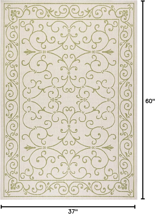 JONATHAN Y Vintage Filigree Indoor Outdoor Area Rug 3X5 Cream/Green, Charleston Textured Weave for Backyard, Patio, Porch, Easy-Cleaning, High Traffic, Pet-Friendly, Non-Shedding (SMB106I-3)