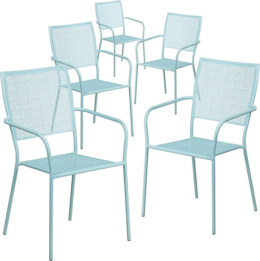 Flash Furniture Oia Commercial Grade 5 Pack Sky Blue Indoor-Outdoor Steel Patio Arm Chair with Square Back