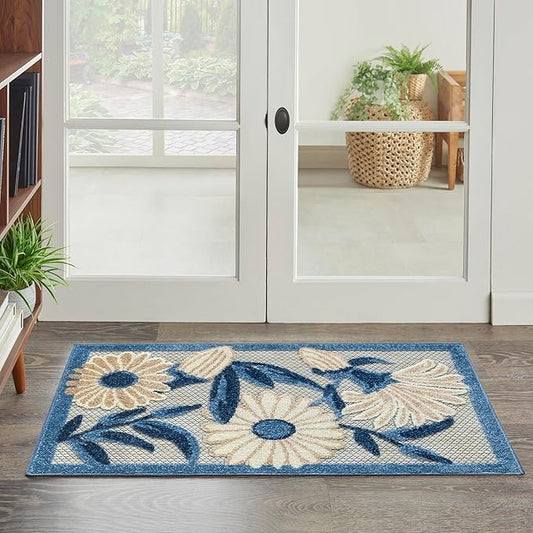Nourison Home Aloha Blue Grey 2' x 3' Area Rug - Easy Clean, Non Shedding, Bed Room, Living Room, Dining Room, Kitchen (2' x 3')