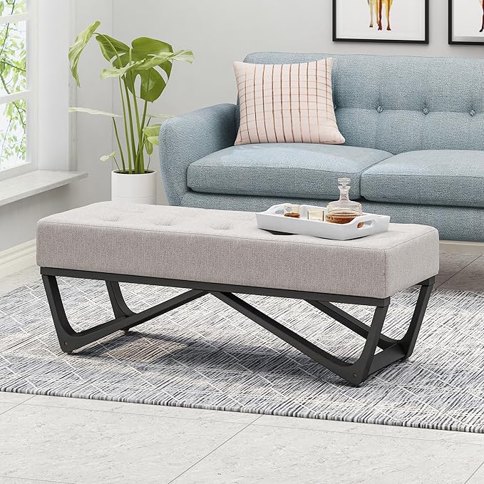 Ball & Cast Modern Tufted Upholstered Entryway Bench Ottoman, 47.5" Padded Bed of End Stool Seating with Faux Wooden Frame, for Living Room Bedroom Kitchen, Grey