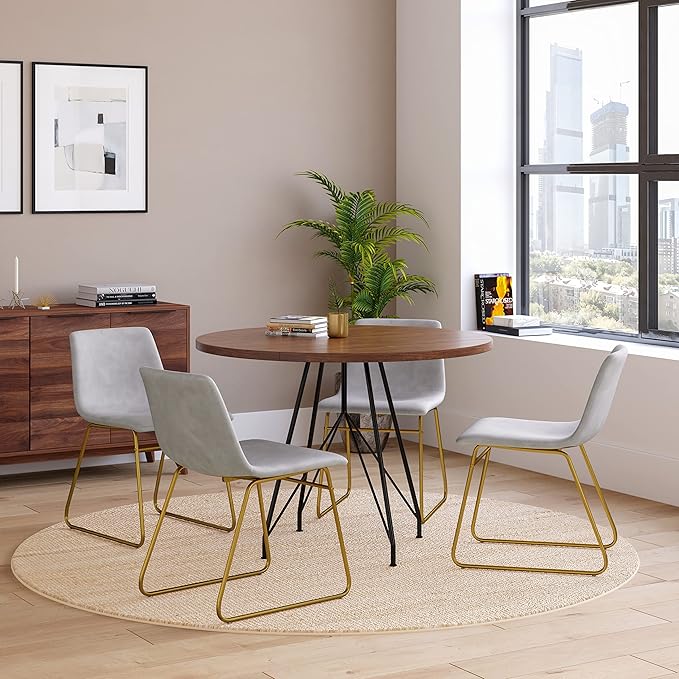 Taylor & Logan Butler 18 inch Dining Table Height Chair, Mid-Back Sled Base Dining Chair in Light Gray Faux Leather with Gold Frame, Set of 2