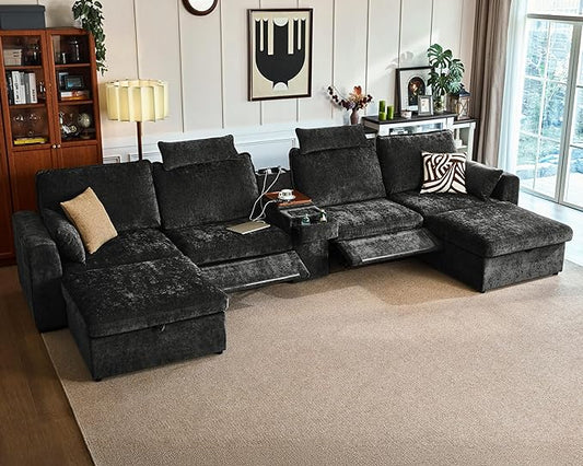 174.4'' Oversized Modular Power Recliner Sofa with Headrest, Deep Cloud Couch with Table, Charging Cup Holders, Convertible U-Shaped 6-Seater Sectional with 2 Storage Ottomans, Chenille, Black