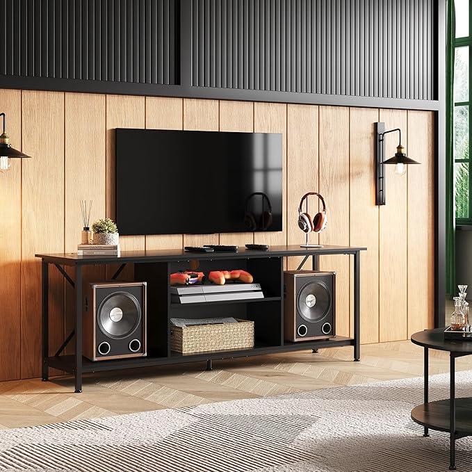 WLIVE Industrial TV Stand for Up to 65 inch TV, Heavy-Duty Metal Frame Entertainment Center with Adjustable Shelves & Cable Management, Media TV Console for Living Room Bedroom, Black