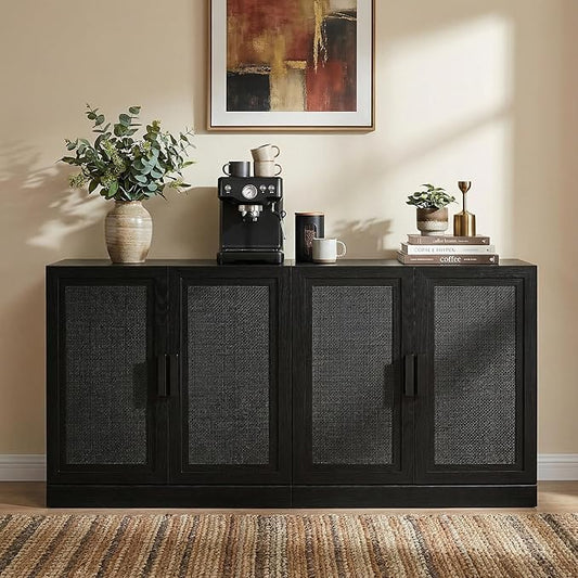 Casaphoria Adam Sideboard Buffet Cabinet with Storage, Sideboard Cabinet with Rattan Doors & Adjustable Shelves, 62" W x 31" H Coffee Bar for Entryway Kitchen Living Room, Black