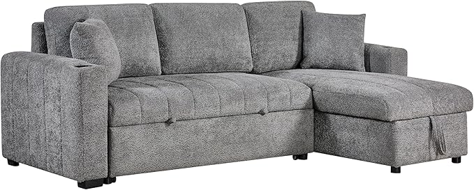 ERYE 96-Inch Oversized Reversible Corner Sleeper Sectional Sofa Bed for Living Room Office,L-Shaped Boucle Upholstered Convertible Pull Out Sleeper Couch Bed W/Storage Chaise | Cupholders, USB-C Ports, Channel Tufted