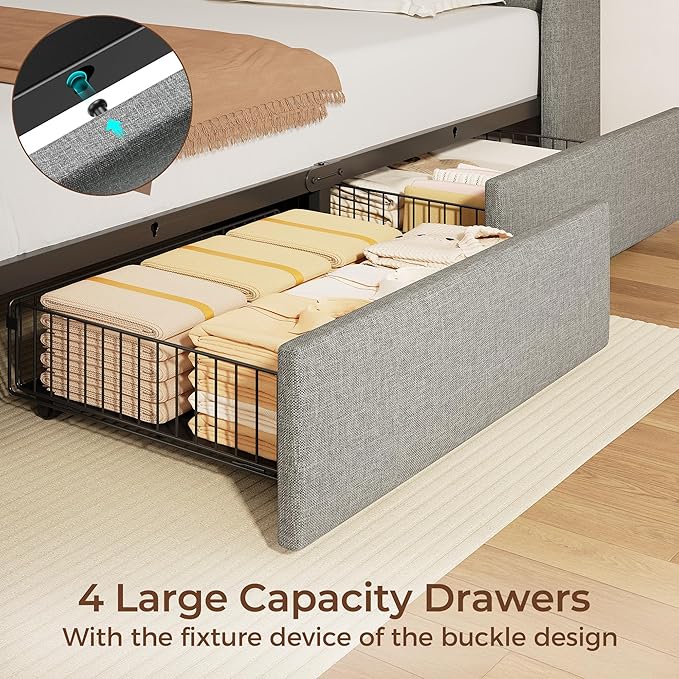 Rolanstar Full Size Bed Frame with RGB LED Lights & Charging Station, Upholstered Storage Headboard with 4 Drawers, Heavy Duty Metal Frame, No Box Spring Needed, Easy Assembly