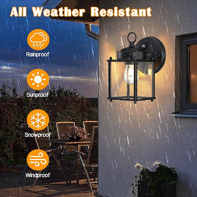 Dusk to Dawn Outdoor Wall Lantern, Exterior Waterproof Sconces Lighting Wall Mount, Front Porch Light, Anti-Rust Metal Outside Light Fixtures with Clear Glass, Matte Black, 2-Pack