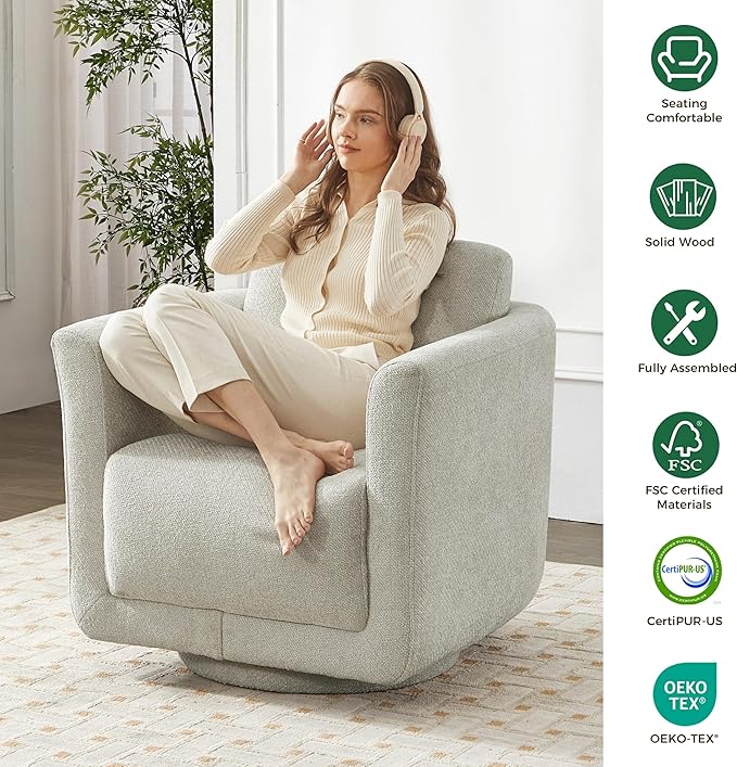 Swivel Accent Chair, 360° Upholstered Swivel Chair, 350 lbs Capacity, Kiln Dried Solid Wood Frame Lumbar Cushion,FSC Certified Upholstered Chair for Living Room Bedroom，Gray