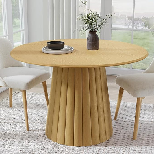 Casaphoria 46" Round Dining Table, Modern Wood Kitchen Table with Cone Shaped Strip Convex Base for Living Room & Dining Room, Easy Assembly Farmhouse Furniture for 4-6, Oak