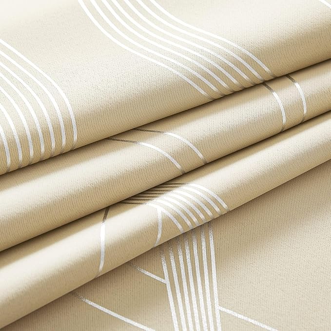 NICETOWN Blackout Curtains 90" Long 2 Panels, 52", Biscotti Beige, Foil Printed Wave Lines Energy Saving Thermal Insulated Blackout Draperies for Patio Hall Studio