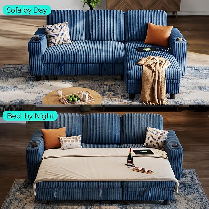 LINSY HOME Sectional Sleeper Sofa with Pull Out Couch Bed Convertible Plush Corduroy Cloud Couch with Storage Chaise & USB Charging, Comfy L Shaped Modular Couches for Living Room Apartment (Blue) | Pull Out Sofa Bed, Storage, USB Charging, Cup Holders...