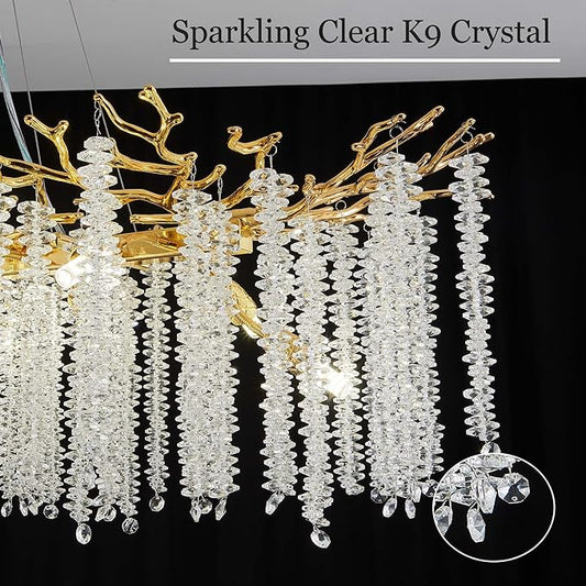 Modern Crystal Tree Branch Chandelier, Gold Linear Rectangle Art Deco Raindrop Lighting Fixture for Dining Room Living Room Kitchen Island 14 Lights L47.3''