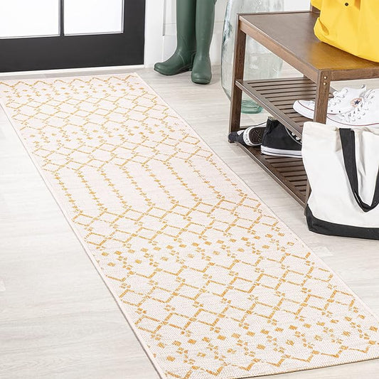 JONATHAN Y Moroccan Geometric Indoor Outdoor Runner Rug 2X8 Cream/Yellow, Ourika Textured Weave for Backyard, Patio, Porch, Easy-Cleaning, High Traffic, Pet-Friendly, Non-Shedding (SMB108J-28)