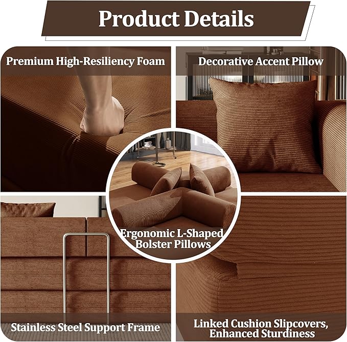 53.15'' Convertible Compressed Corduroy Folding Cloud Sofa Bed, Modern Boneless Pull Out Loveseat Sleeper in a Box, 4 in 1 Floor Mattress Futon Cloud Couch, No Assembly Needed, Caramel, Pillows, Full