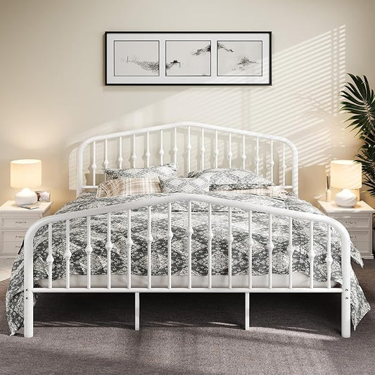 Allewie King Size Metal Platform Bed Frame with Vintage Headboard and Footboard, No Box Spring Needed, Easy Assembly, White