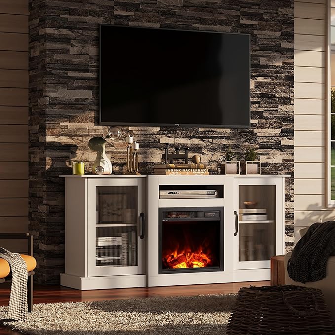 WLIVE Fireplace TV Stand for 65" TV, Entertainment Center with 3D Realistic Flame Electric Fireplace, TV Console with Open Shelves for Living Room, White