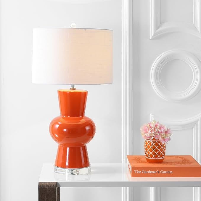 JONATHAN Y 28.5" Coral Ceramic Table Lamp for Living Room Bedroom Nightstand, Modern Hourglass LED Bedside Lamp with Crystal Base and Linen Shade (JYL4027C)