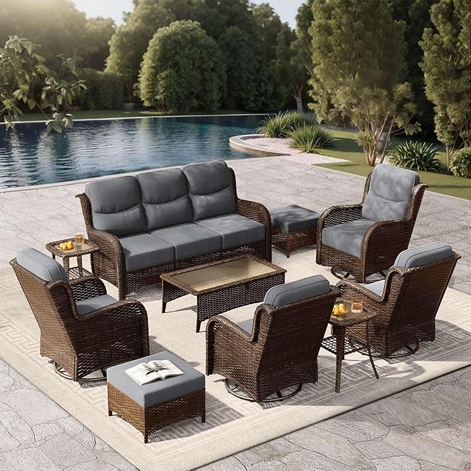 High Back Outdoor Furniture with Extra Thick Cushion Patio Swivel Rocking Chairs, Comfort 3-Seat Sofa, 10PCS Oversized Wicker Conversation Set for Porch, Deck, Yard in Dark Gray