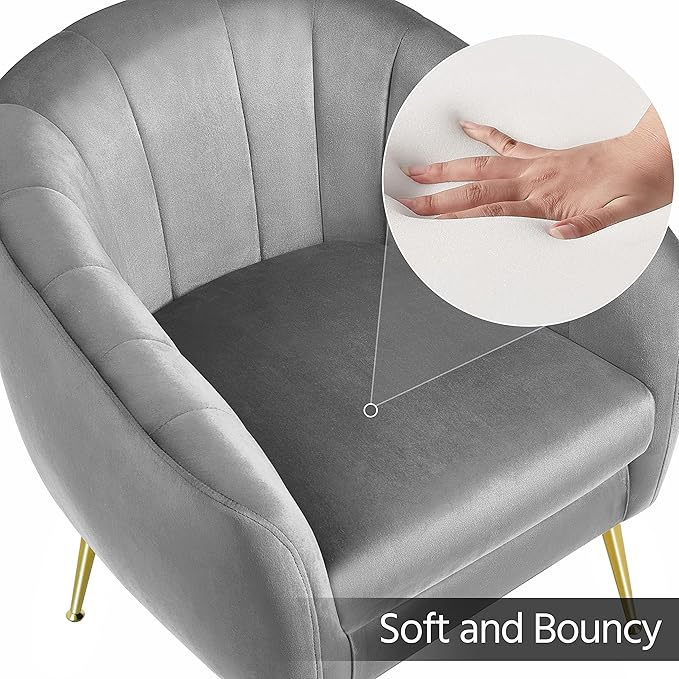 Yaheetech Modern Vanity Chair, Velvet Soft Accent Chair with Gold Metal Legs, Tufted Armchair Chaise Lounge for Living Room/Bedroom, Gray