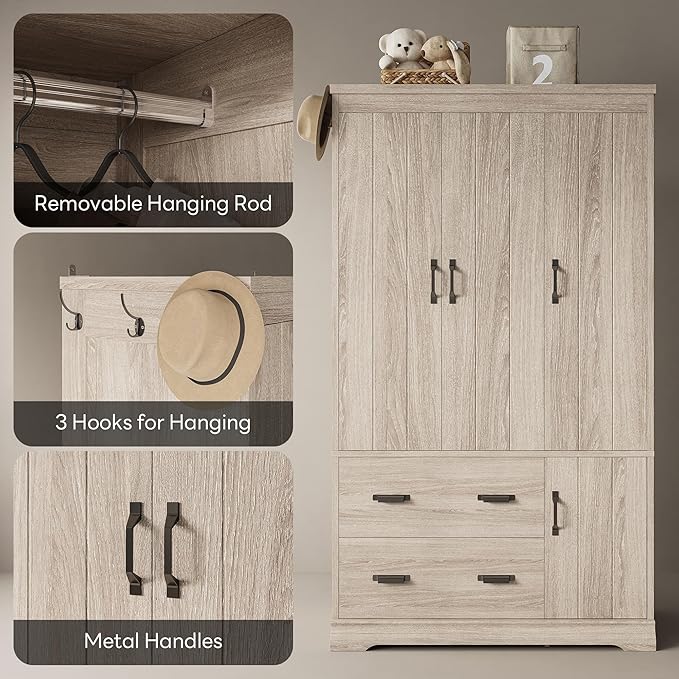 LIKIMIO Wardrobe Closet, 70" Tall 4 Doors Large Wooden Closet with 2 Drawers, 3 Shelves Bedroom Armoire with Hanging Rod, Freestanding Storage Cabinet for Hanging Clothes, Light Oak