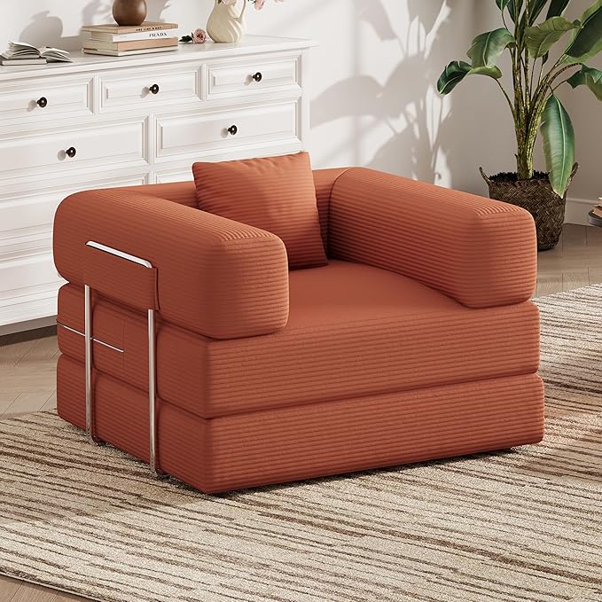 BSHOMGI Folding Sofa Bed, 2 in 1 Convertible Sofas to Lounger Comfy Single Bean Bag Chair Floor Portable Foldable Sleeper Lazy Futon Couch Chair for Bedroom, Living Room(Orange, 35.43" Single Sofa)