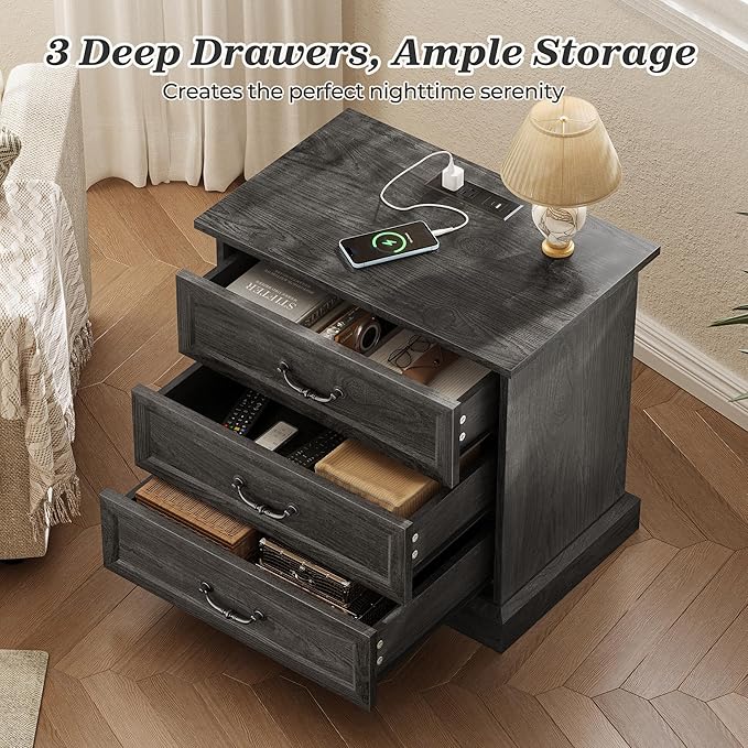 Huuger Nightstand with Charging Station, 3 Drawer Night Stand Set of 2, 22 Inch Wider Side Table with Storage, Farmhouse Nightstand with Vintage Handles, Thicken Base, for Bedroom, Black