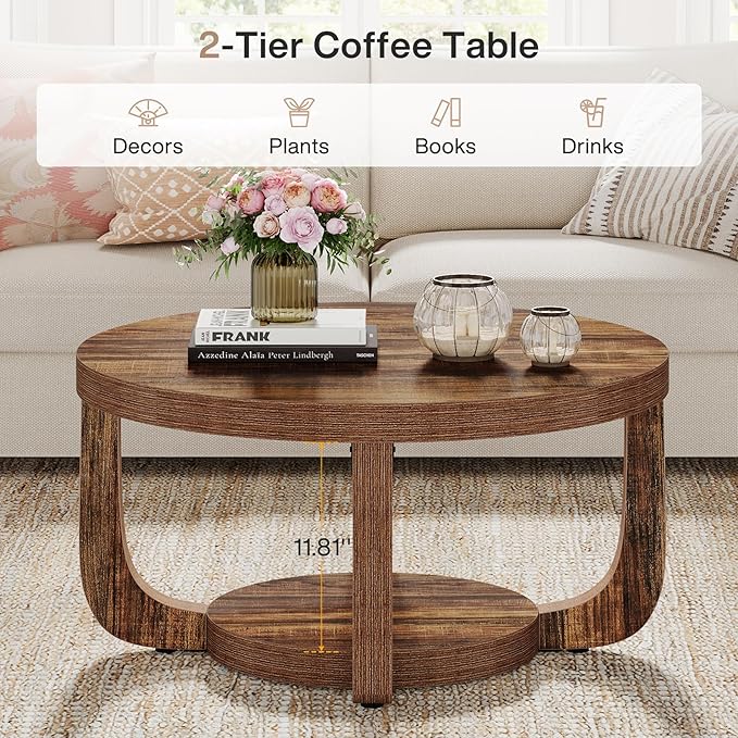 Tribesigns Round Coffee Table, 2-Tier Circle Coffee Table with Storage, Modern Wooden Accent Center Table for Living Room, Thick Tabletop & Base, Dark Brown